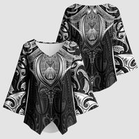 New Zealand Aotearoa Kimono Sleeve Blouse Maori Manta Ray Moko Black LT05 - Polynesian Pride