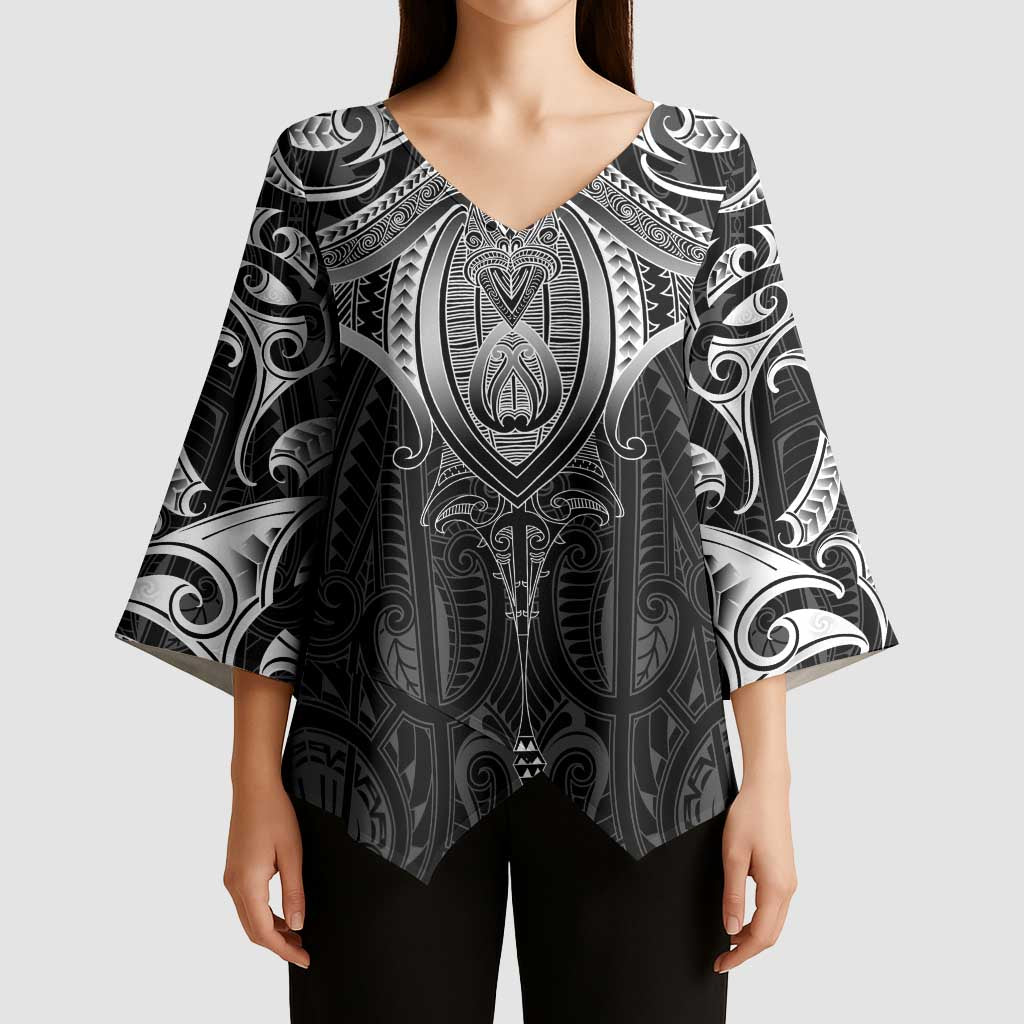 New Zealand Aotearoa Kimono Sleeve Blouse Maori Manta Ray Moko Black LT05 - Polynesian Pride