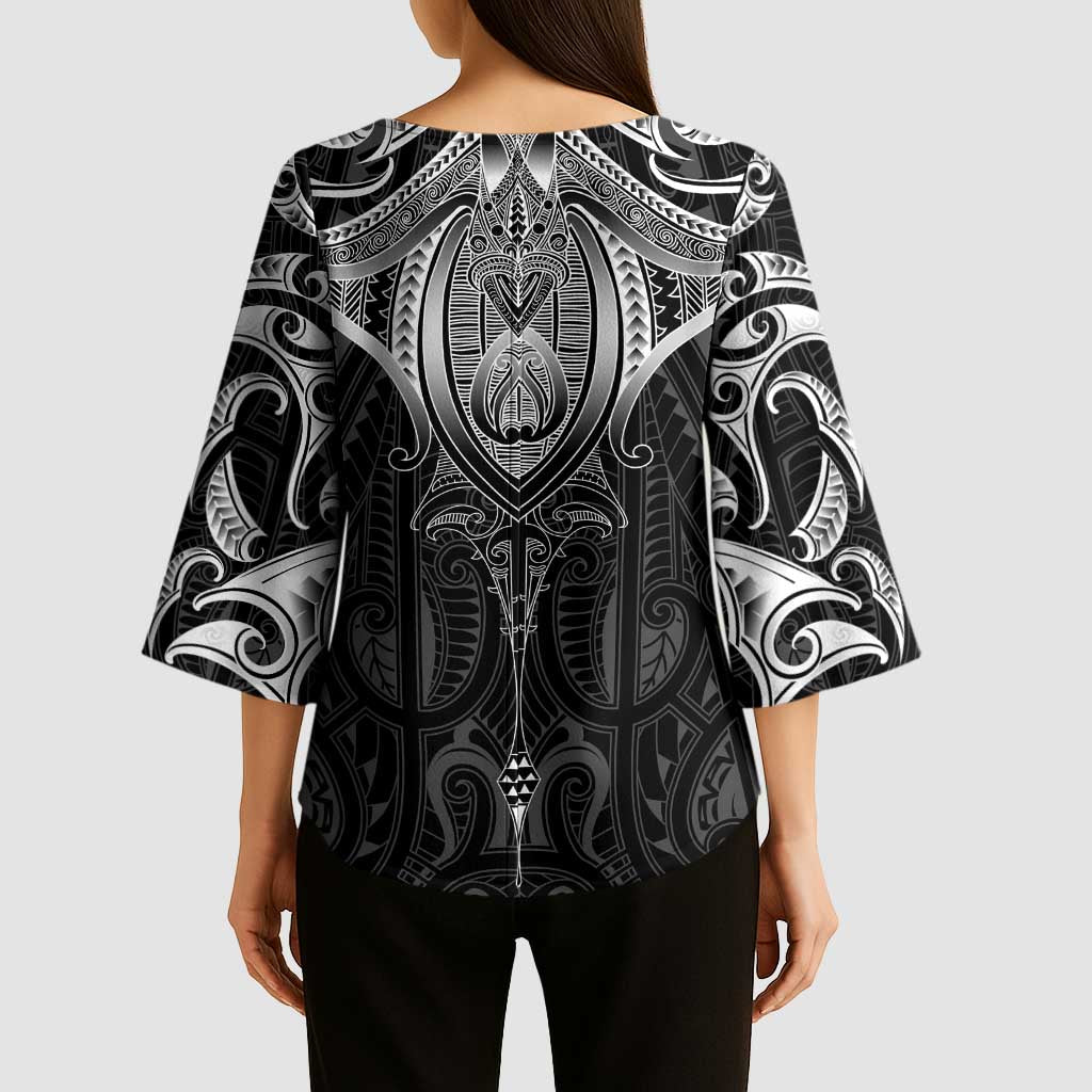 New Zealand Aotearoa Kimono Sleeve Blouse Maori Manta Ray Moko Black LT05 - Polynesian Pride