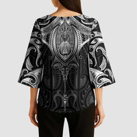 New Zealand Aotearoa Kimono Sleeve Blouse Maori Manta Ray Moko Black LT05 - Polynesian Pride