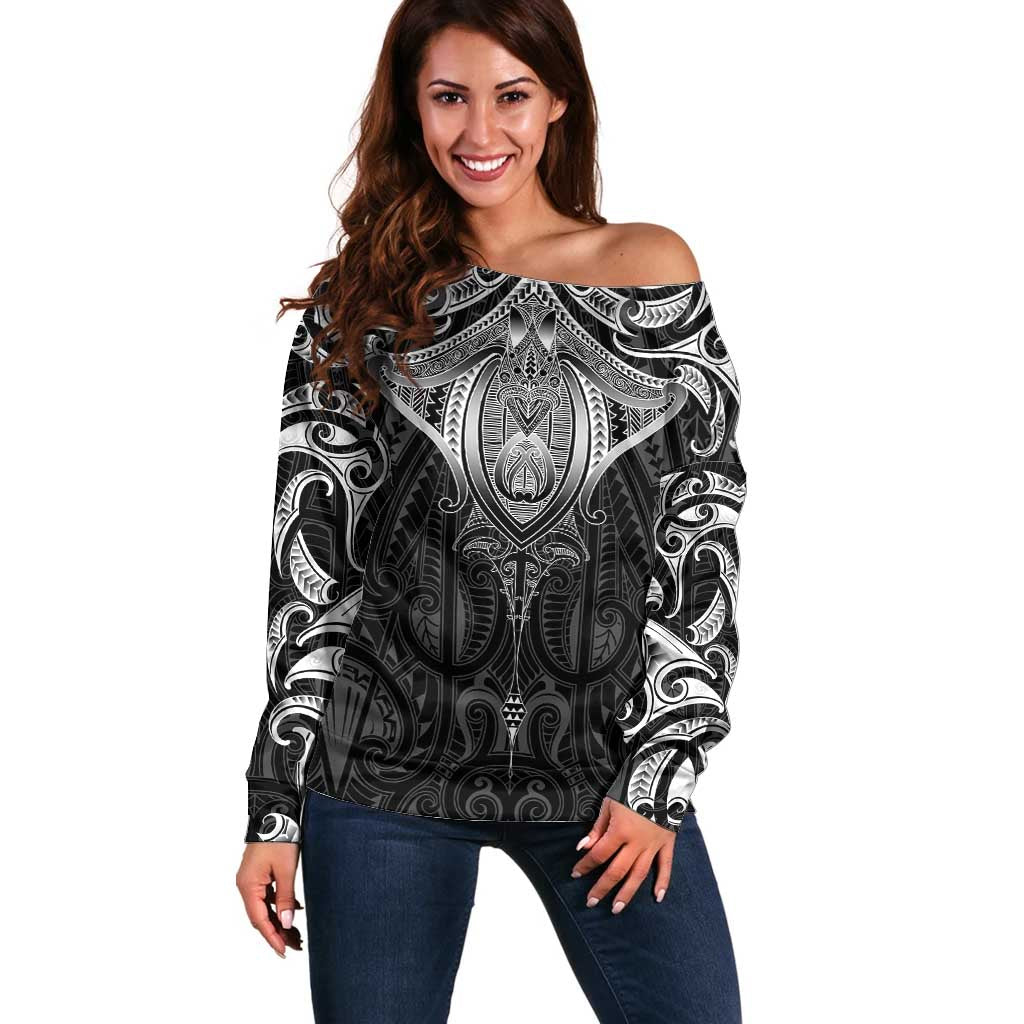 New Zealand Aotearoa Off Shoulder Sweater Maori Manta Ray Moko Black LT05 Women Black - Polynesian Pride
