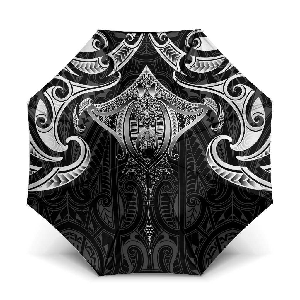 New Zealand Aotearoa Umbrella Maori Manta Ray Moko Black LT05 One Size Folded 11.42 inch Opened Diameter 37.4 inch Black - Polynesian Pride