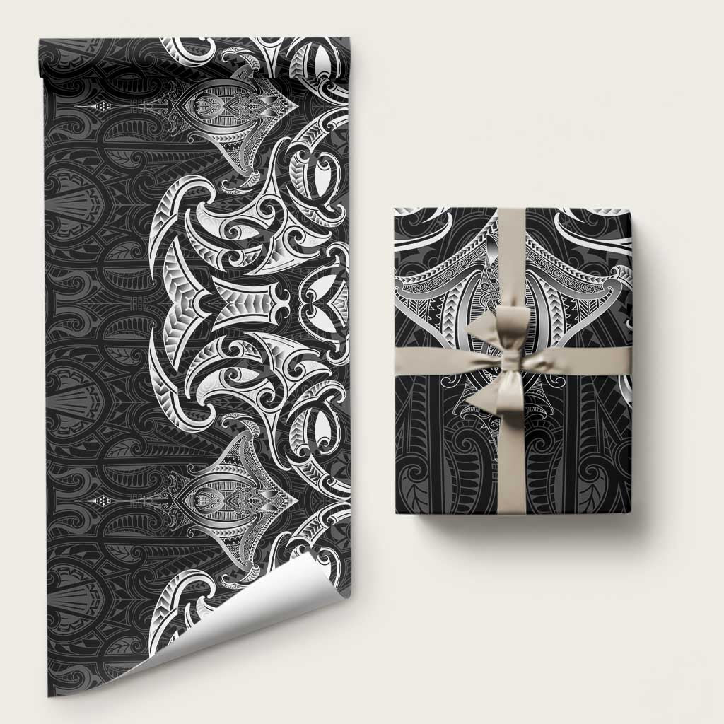 New Zealand Aotearoa Wrapping Paper Maori Manta Ray Moko Black LT05 58" × 23" Black - Polynesian Pride