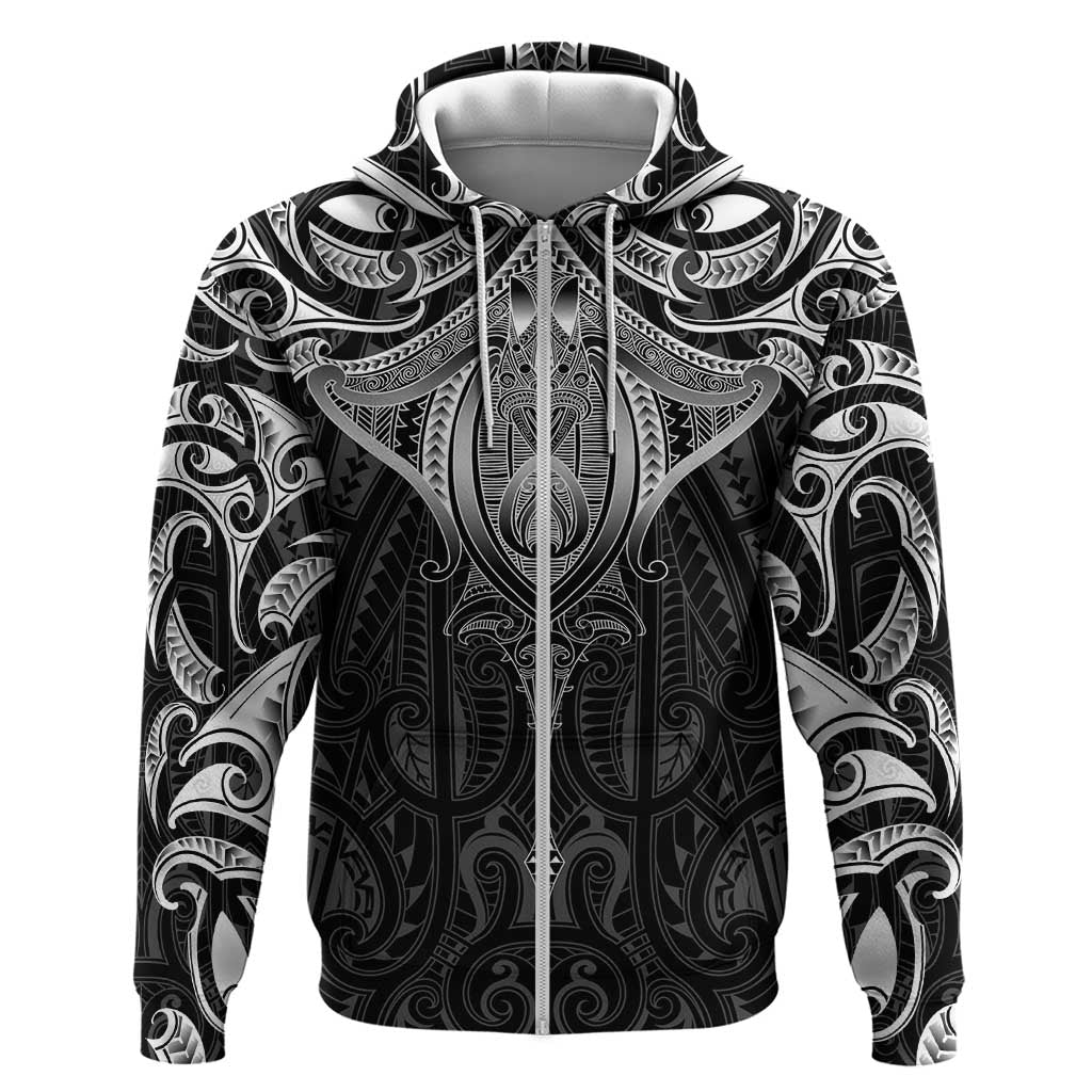 New Zealand Aotearoa Zip Hoodie Maori Manta Ray Moko Black LT05 Zip Hoodie Black - Polynesian Pride