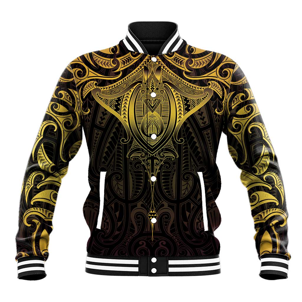 New Zealand Aotearoa Baseball Jacket Maori Manta Ray Moko Gold LT05 Unisex Gold - Polynesian Pride
