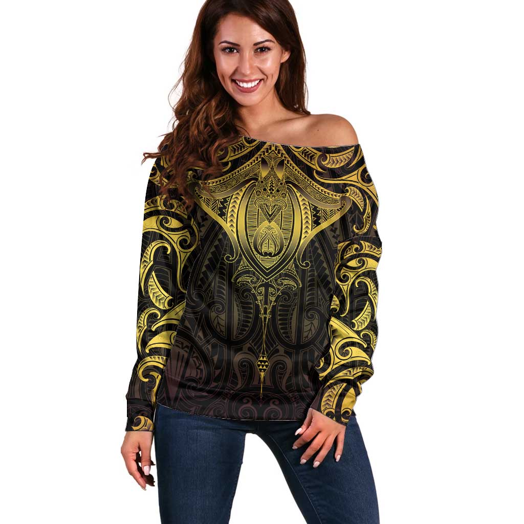 New Zealand Aotearoa Off Shoulder Sweater Maori Manta Ray Moko Gold LT05 Women Gold - Polynesian Pride