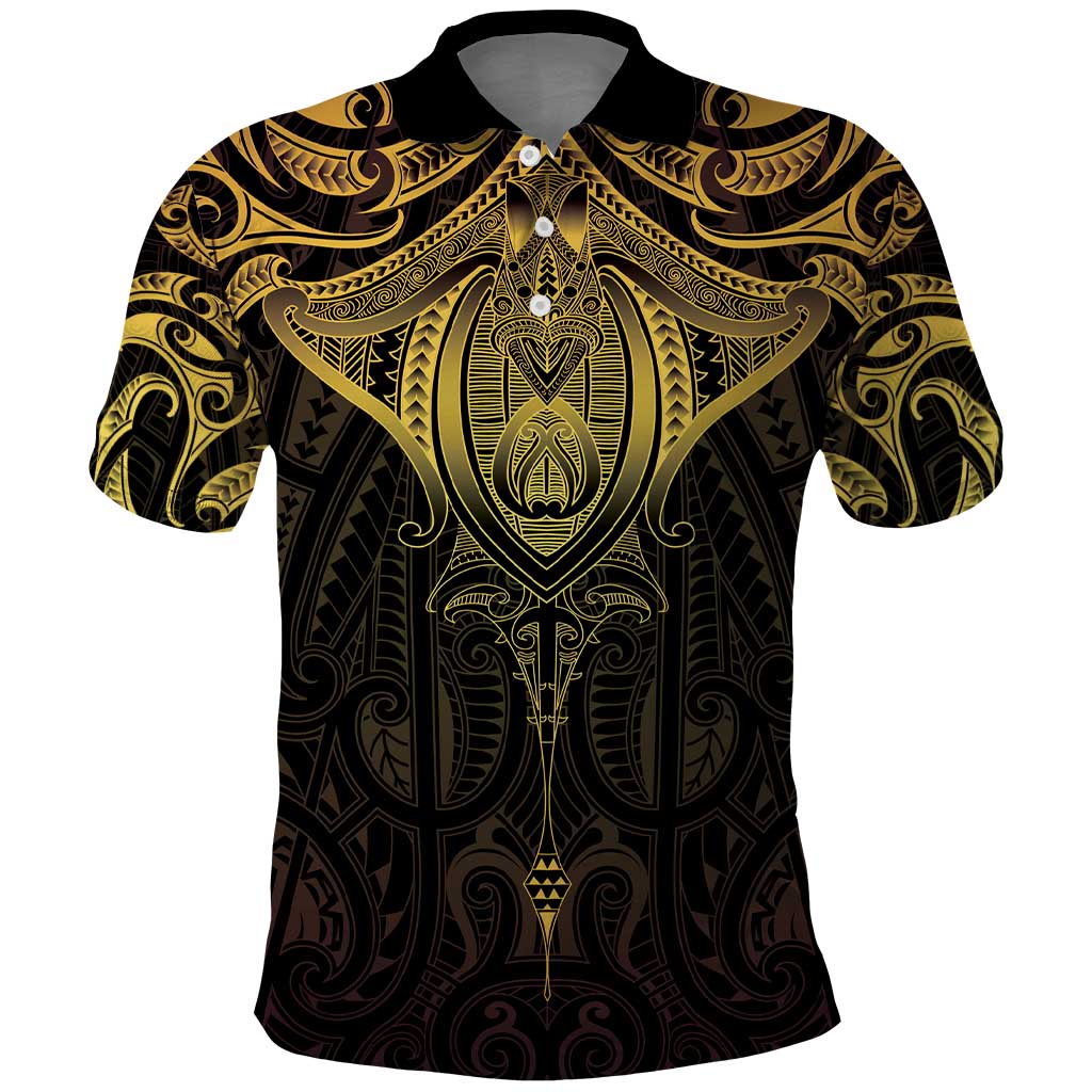 New Zealand Aotearoa Polo Shirt Maori Manta Ray Moko Gold LT05 Gold - Polynesian Pride