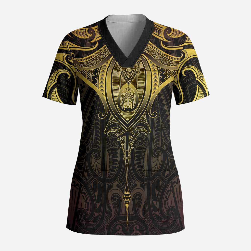 New Zealand Aotearoa Scrub Top Maori Manta Ray Moko Gold LT05 Adult Gold - Polynesian Pride