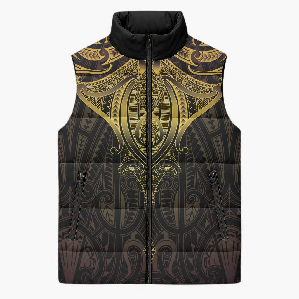 New Zealand Aotearoa Sleeveless Puffer Jacket Maori Manta Ray Moko Gold LT05 Unisex Gold - Polynesian Pride