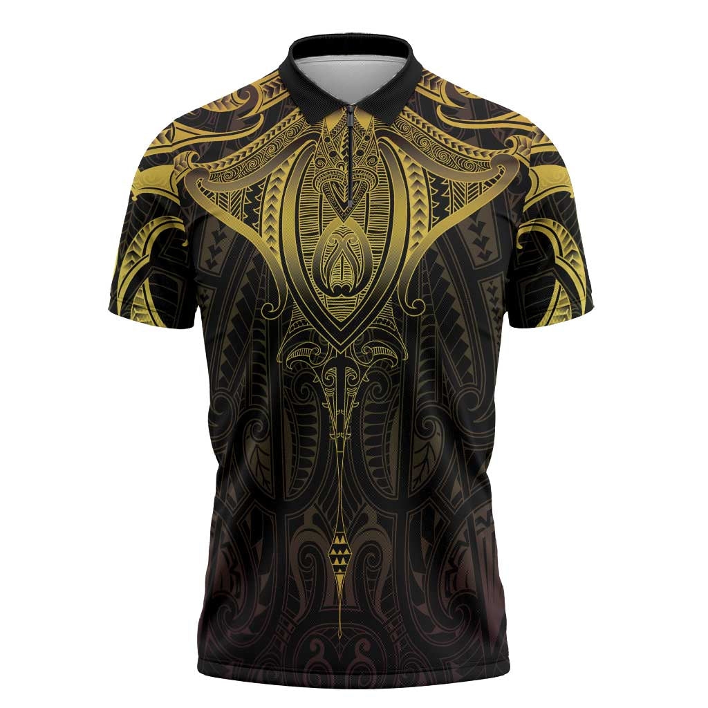 New Zealand Aotearoa Zipper Polo Shirt Maori Manta Ray Moko Gold LT05 Gold - Polynesian Pride