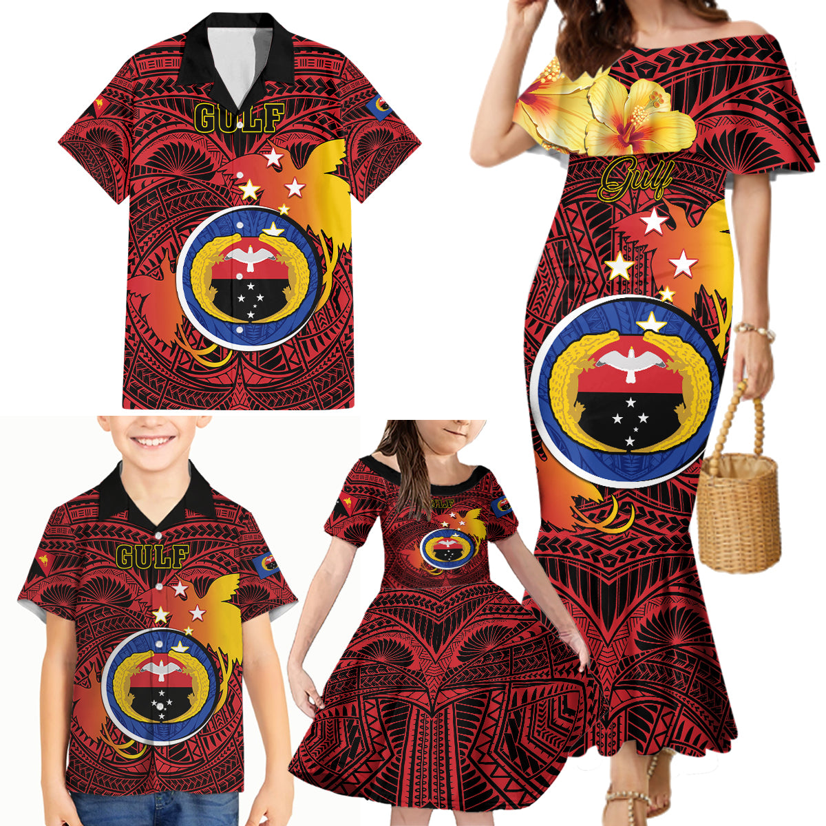 Papua New Guinea Gulf Province Family Matching Mermaid Dress and Hawaiian Shirt Mix Coat Of Arms Polynesian Pattern LT05 - Polynesian Pride