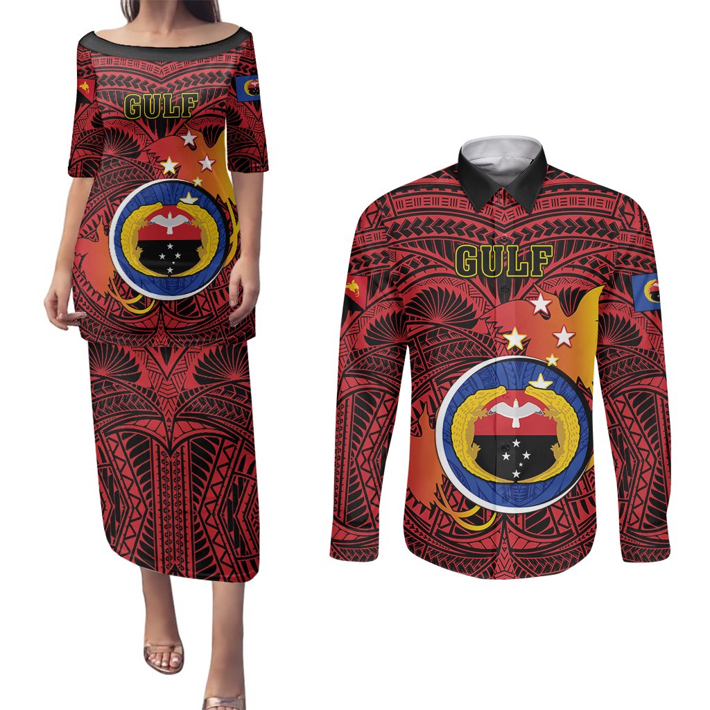 Personalized Papua New Guinea Gulf Province Couples Matching Puletasi Dress and Long Sleeve Button Shirts Mix Coat Of Arms Polynesian Pattern LT05 Red - Polynesian Pride