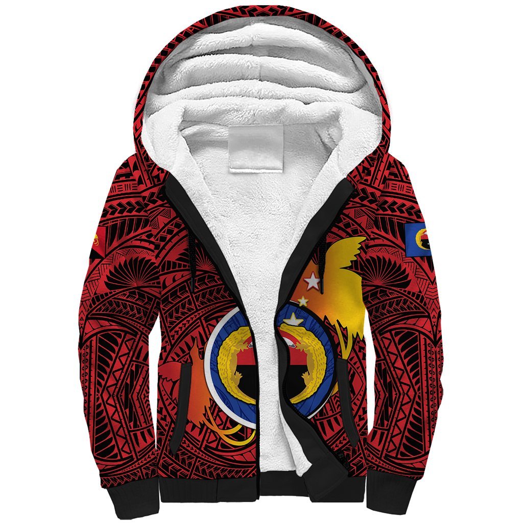 Personalized Papua New Guinea Gulf Province Sherpa Hoodie Mix Coat Of Arms Polynesian Pattern LT05 Unisex Red - Polynesian Pride