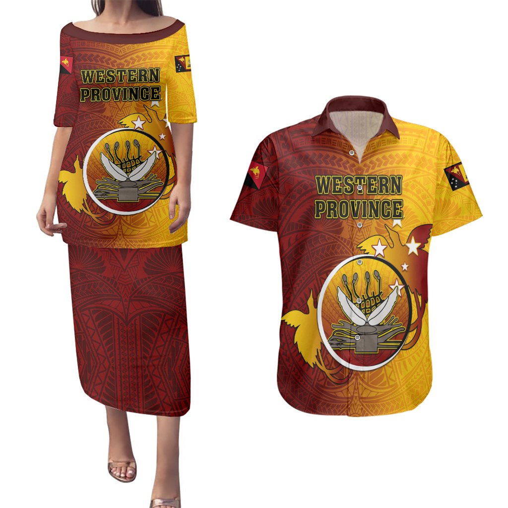 Personalized Papua New Guinea Western Province Couples Matching Puletasi Dress and Hawaiian Shirt Mix Coat Of Arms Polynesian Pattern LT05 Red - Polynesian Pride