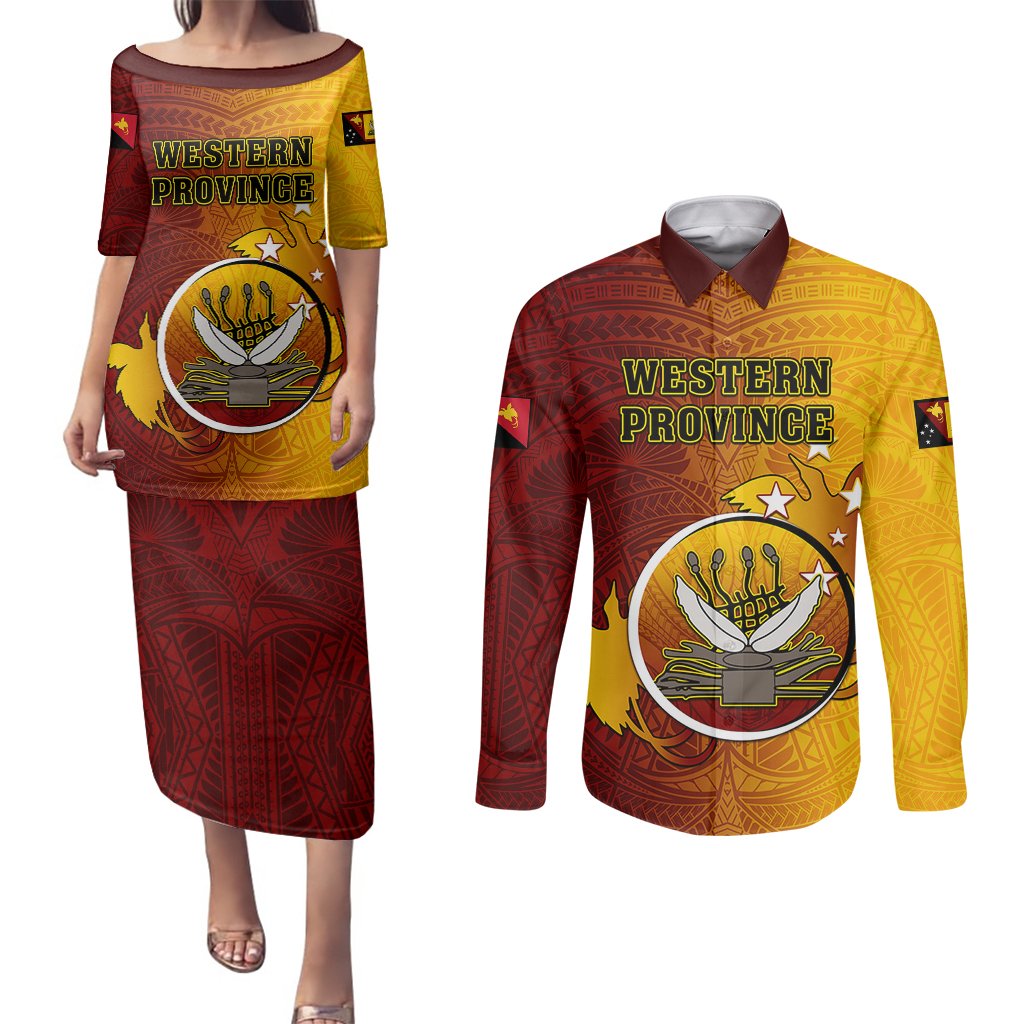 Personalized Papua New Guinea Western Province Couples Matching Puletasi Dress and Long Sleeve Button Shirts Mix Coat Of Arms Polynesian Pattern LT05 Red - Polynesian Pride
