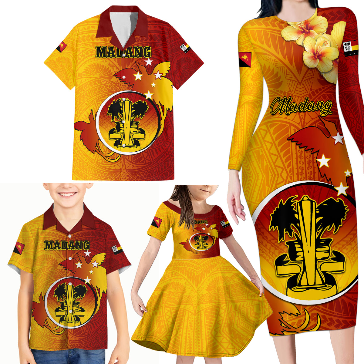 Personalized Papua New Guinea Madang Province Family Matching Long Sleeve Bodycon Dress and Hawaiian Shirt Mix Coat Of Arms Polynesian Pattern LT05 - Polynesian Pride