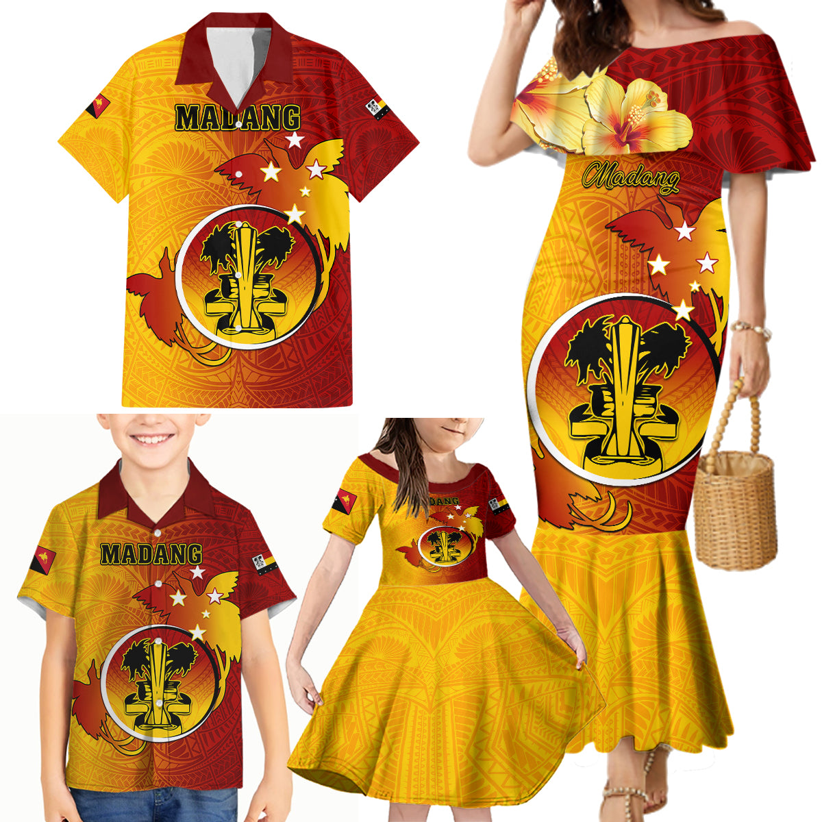 Personalized Papua New Guinea Madang Province Family Matching Mermaid Dress and Hawaiian Shirt Mix Coat Of Arms Polynesian Pattern LT05 - Polynesian Pride