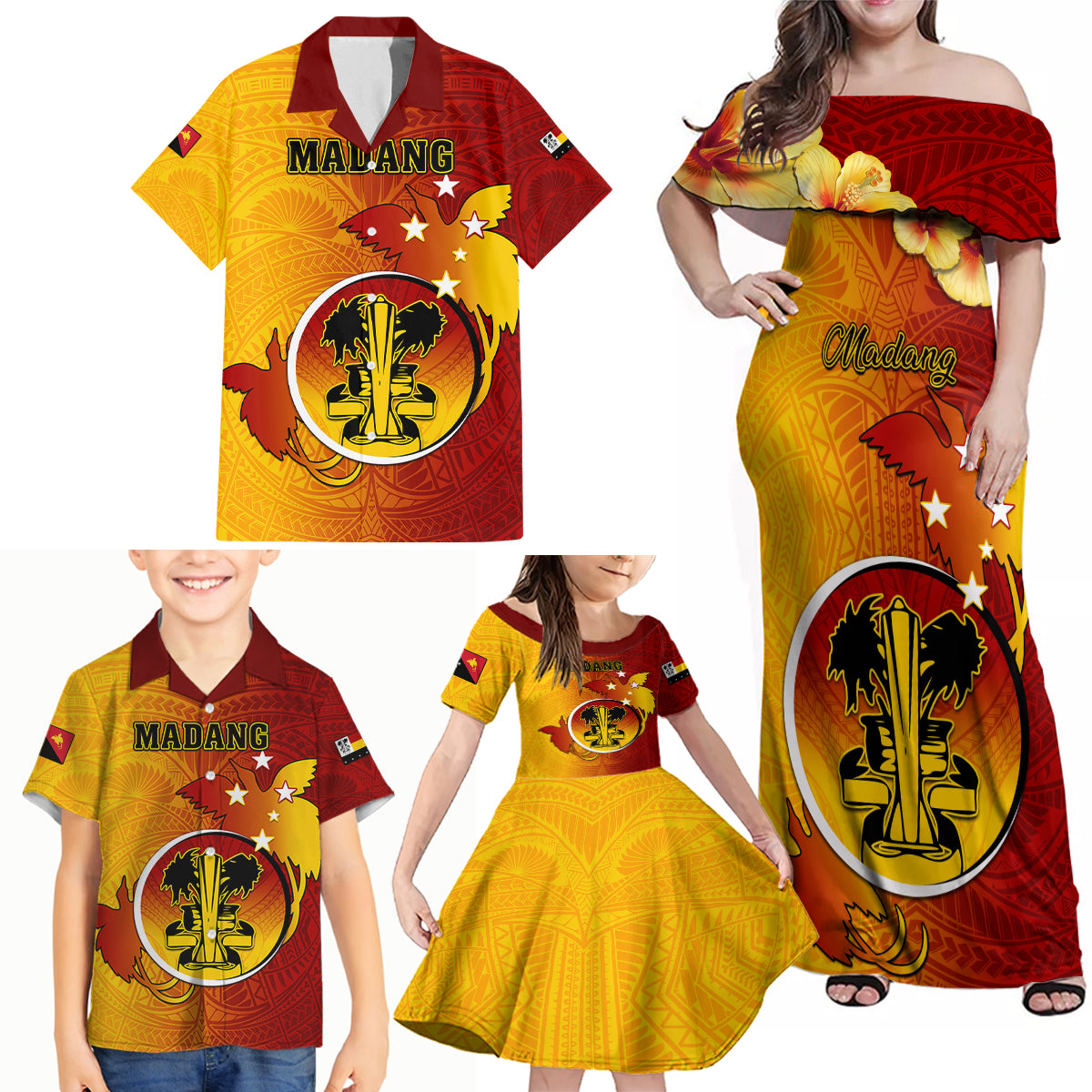 Personalized Papua New Guinea Madang Province Family Matching Off Shoulder Maxi Dress and Hawaiian Shirt Mix Coat Of Arms Polynesian Pattern LT05 - Polynesian Pride