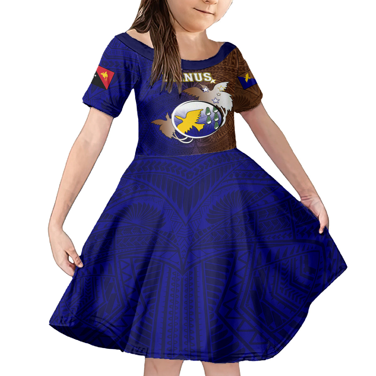 Personalized Papua New Guinea Manus Province Kid Short Sleeve Dress Mix Coat Of Arms Polynesian Pattern LT05 KID Brown - Polynesian Pride