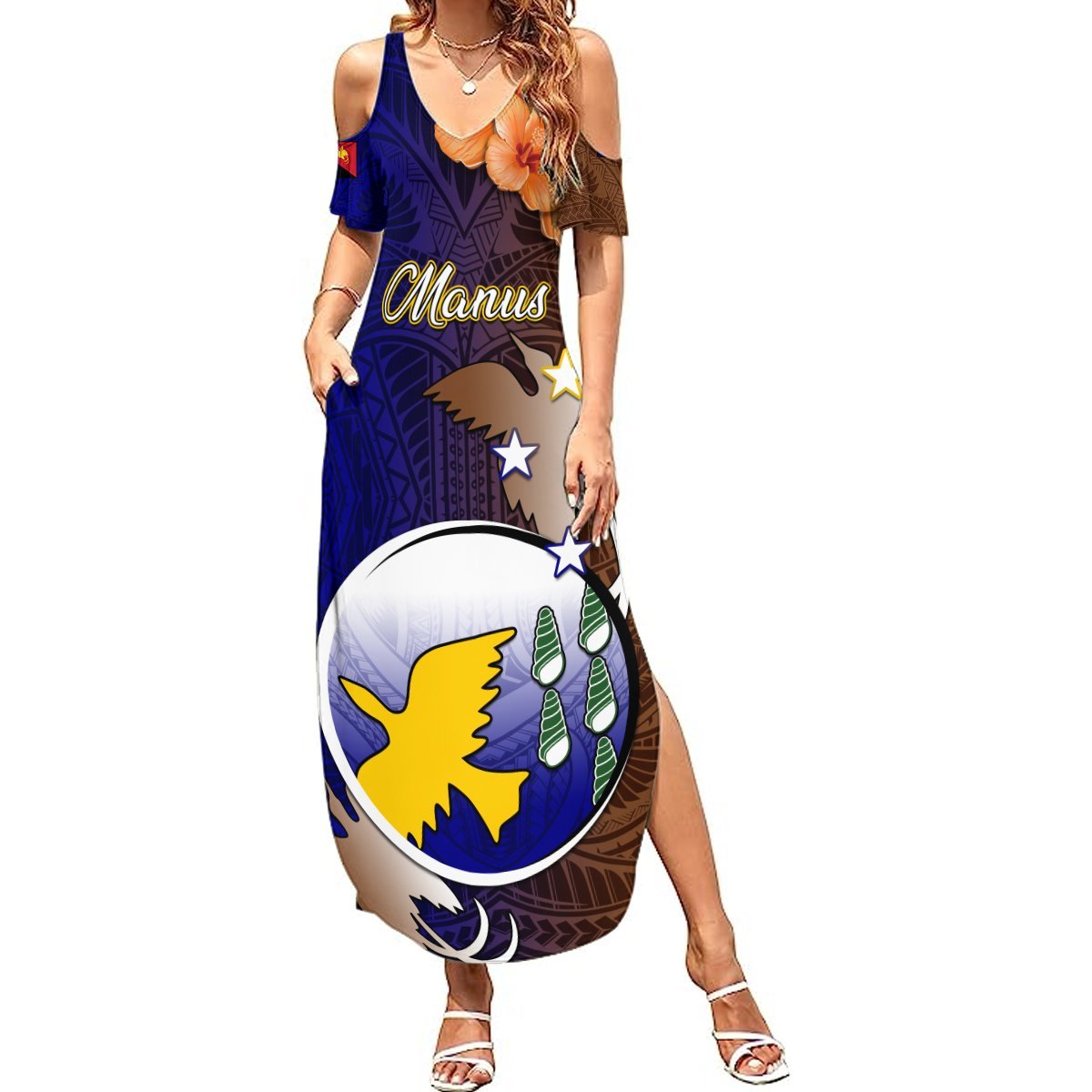 Personalized Papua New Guinea Manus Province Summer Maxi Dress Mix Coat Of Arms Polynesian Pattern LT05 Women Brown - Polynesian Pride