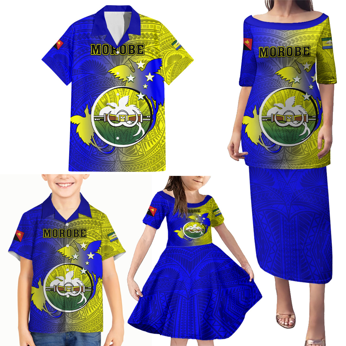 Papua New Guinea Morobe Province Family Matching Puletasi Dress and Hawaiian Shirt Mix Coat Of Arms Polynesian Pattern LT05 - Polynesian Pride