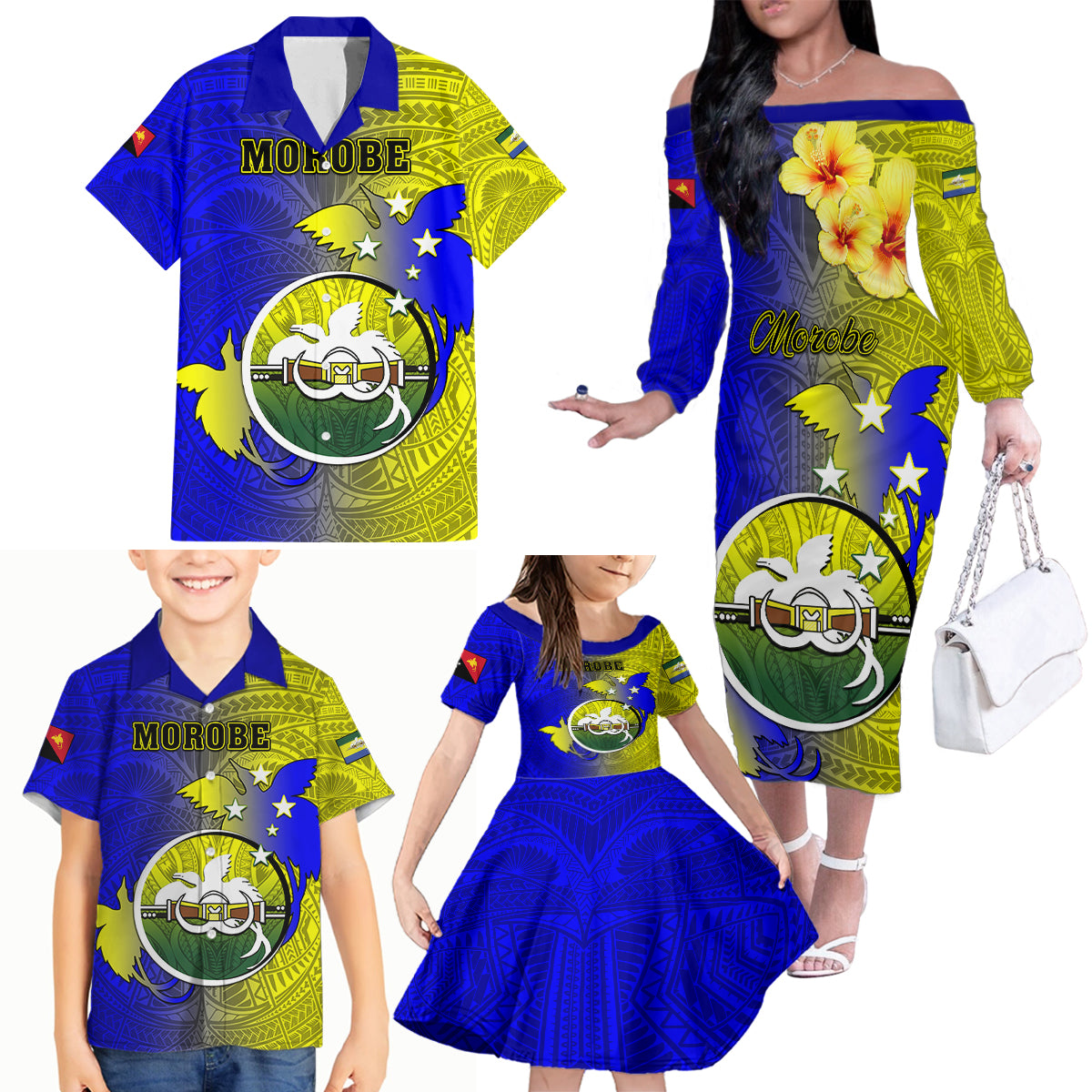 Personalized Papua New Guinea Morobe Province Family Matching Off Shoulder Long Sleeve Dress and Hawaiian Shirt Mix Coat Of Arms Polynesian Pattern LT05 - Polynesian Pride