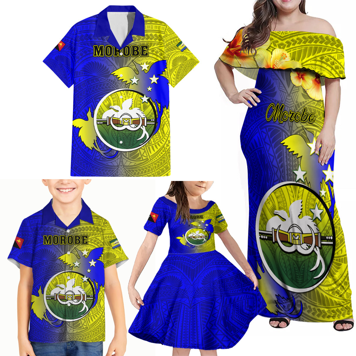 Personalized Papua New Guinea Morobe Province Family Matching Off Shoulder Maxi Dress and Hawaiian Shirt Mix Coat Of Arms Polynesian Pattern LT05 - Polynesian Pride