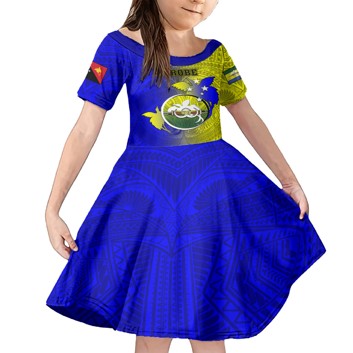 Personalized Papua New Guinea Morobe Province Kid Short Sleeve Dress Mix Coat Of Arms Polynesian Pattern LT05 KID Yellow - Polynesian Pride