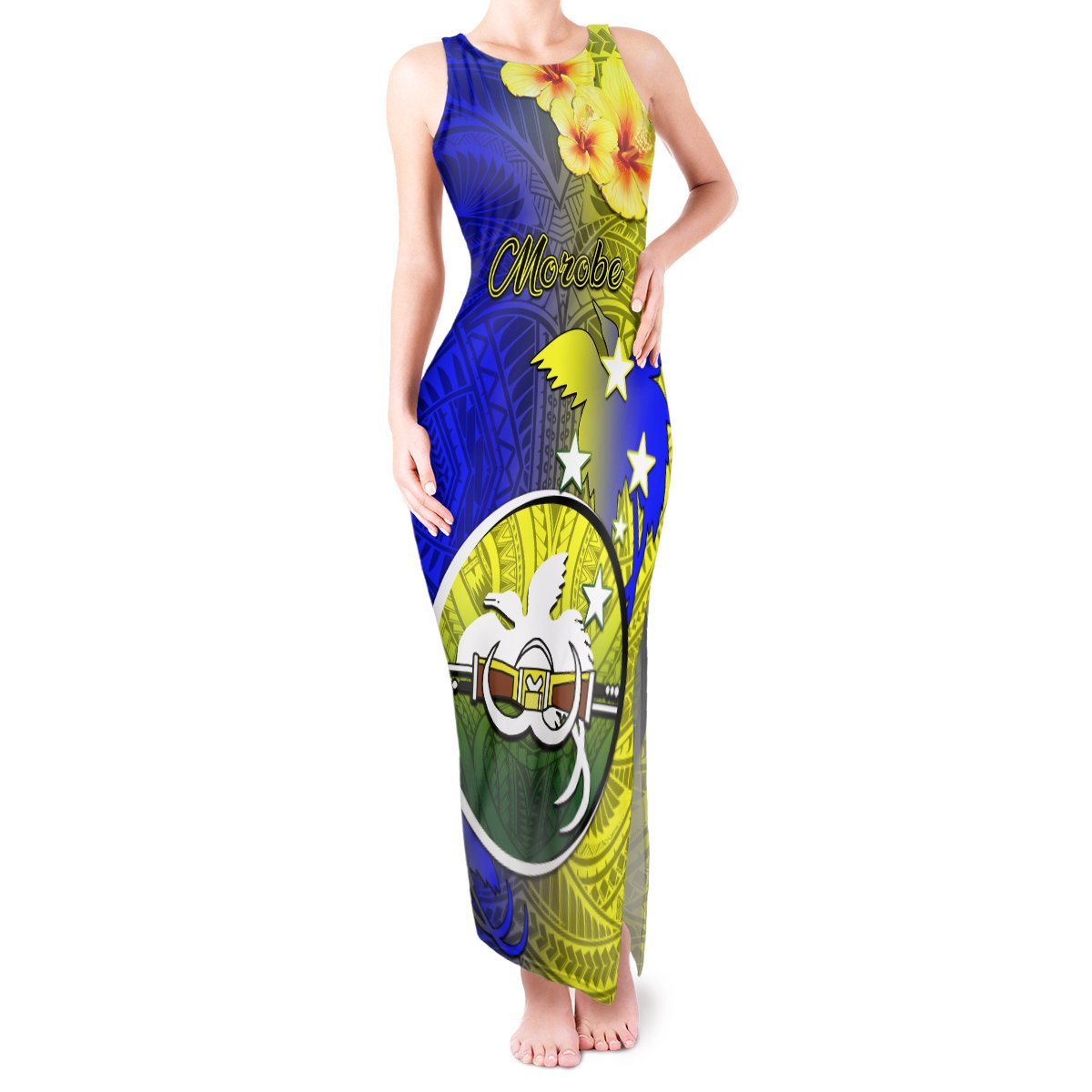 Personalized Papua New Guinea Morobe Province Tank Maxi Dress Mix Coat Of Arms Polynesian Pattern LT05 Women Yellow - Polynesian Pride