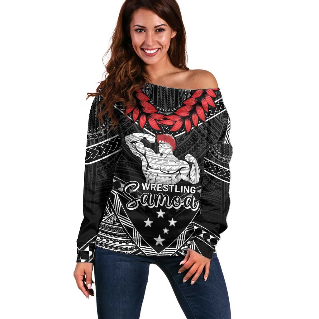 Custom Samoa Wrestling Off Shoulder Sweater Samoan Wrestler Ulafala Style LT05 Women Black - Polynesian Pride