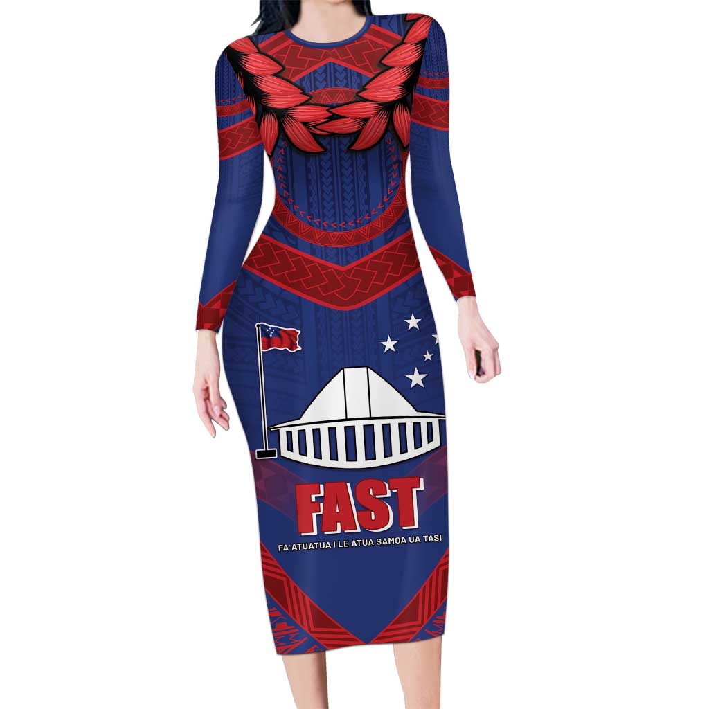 Personalised FAST Party Samoa Long Sleeve Bodycon Dress Samoan Coat Of Arms Ulafala Style LT05 Long Dress Blue - Polynesian Pride