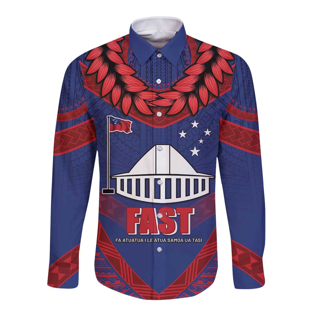 Personalised FAST Party Samoa Long Sleeve Button Shirt Samoan Coat Of Arms Ulafala Style LT05 Unisex Blue - Polynesian Pride