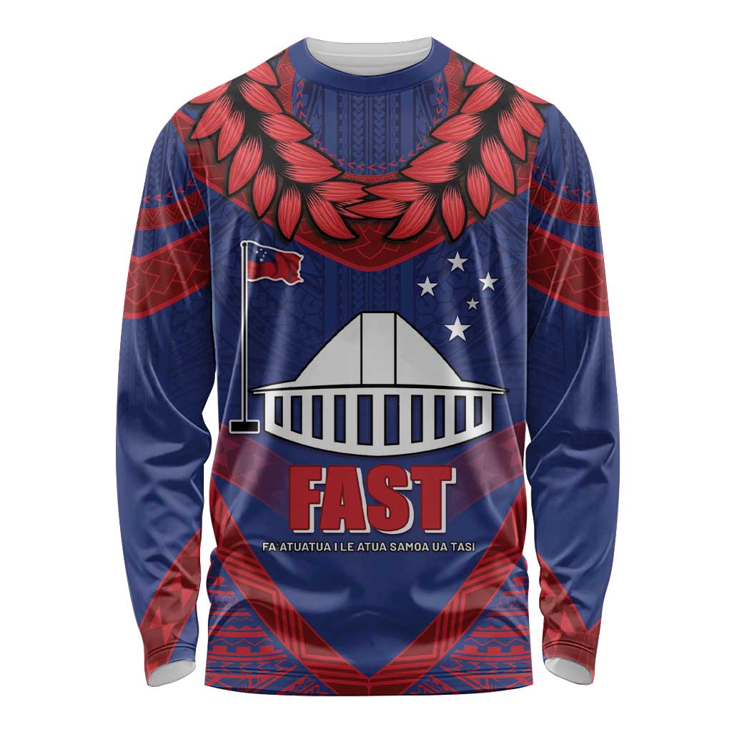 Personalised FAST Party Samoa Long Sleeve Shirt Samoan Coat Of Arms Ulafala Style LT05 Unisex Blue - Polynesian Pride