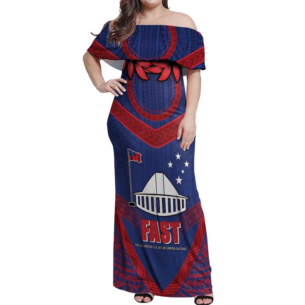 Personalised FAST Party Samoa Off Shoulder Maxi Dress Samoan Coat Of Arms Ulafala Style LT05 Women Blue - Polynesian Pride