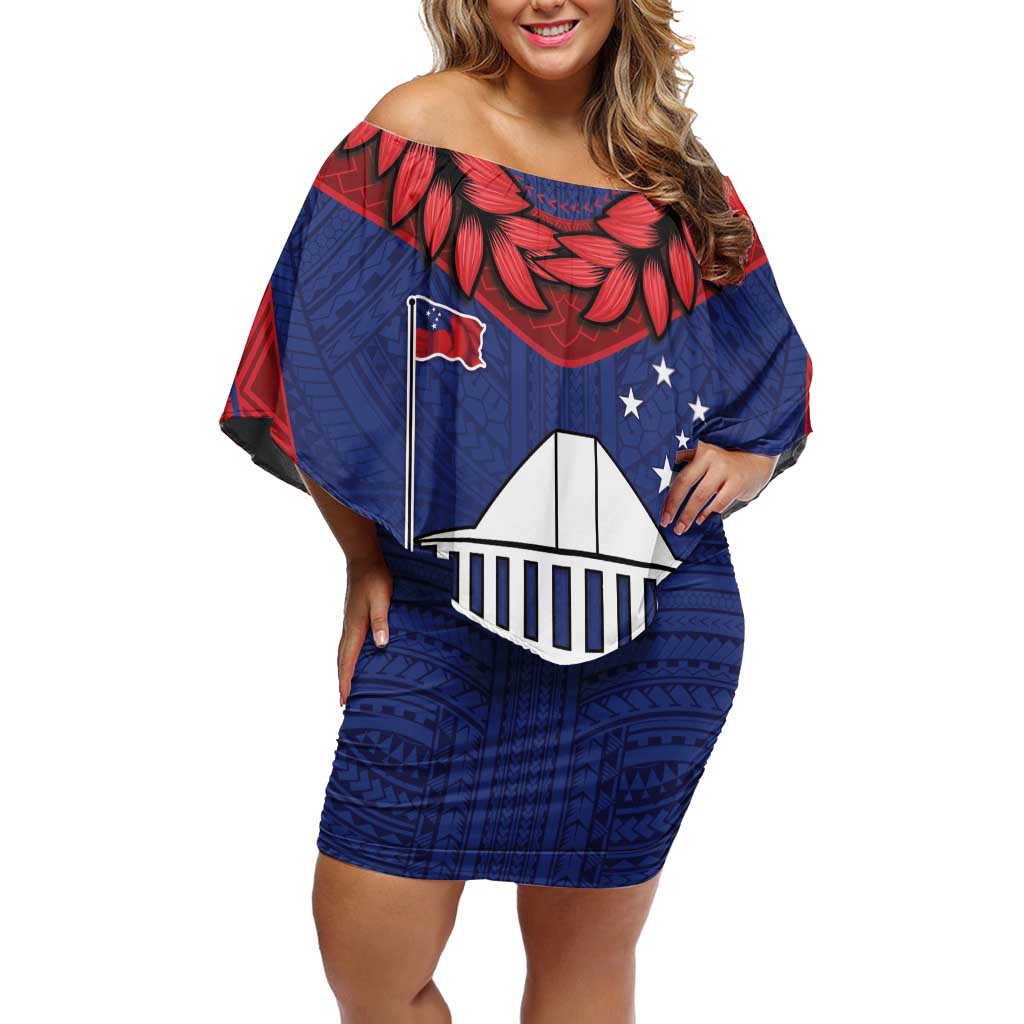 Personalised FAST Party Samoa Off Shoulder Short Dress Samoan Coat Of Arms Ulafala Style LT05 Women Blue - Polynesian Pride