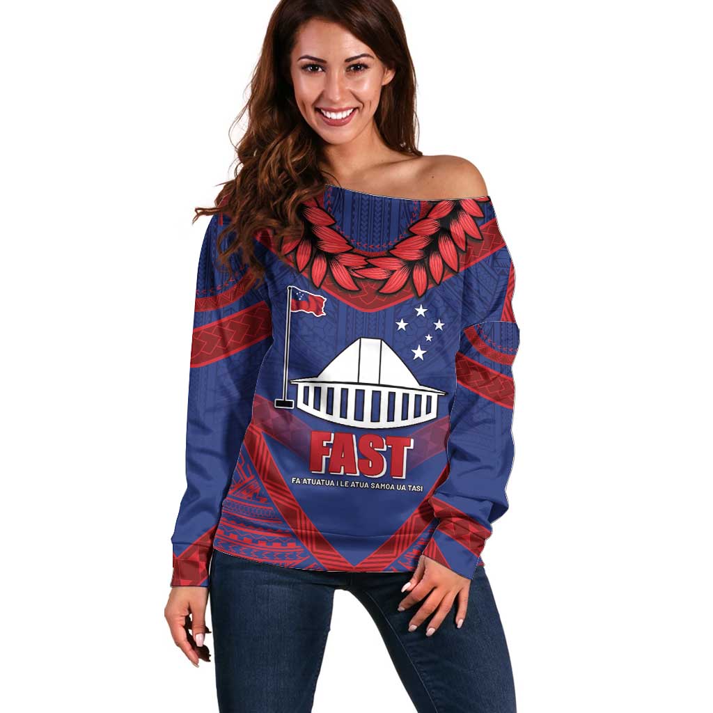 Personalised FAST Party Samoa Off Shoulder Sweater Samoan Coat Of Arms Ulafala Style LT05 Women Blue - Polynesian Pride
