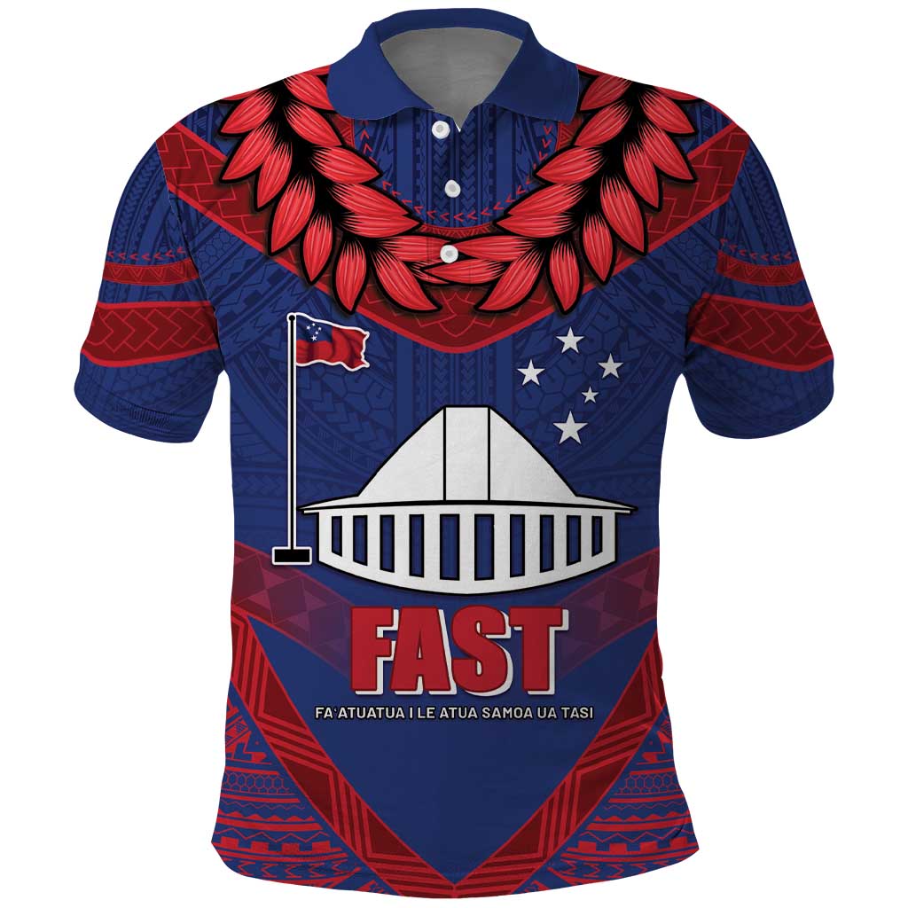 Personalised FAST Party Samoa Polo Shirt Samoan Coat Of Arms Ulafala Style LT05 Blue - Polynesian Pride