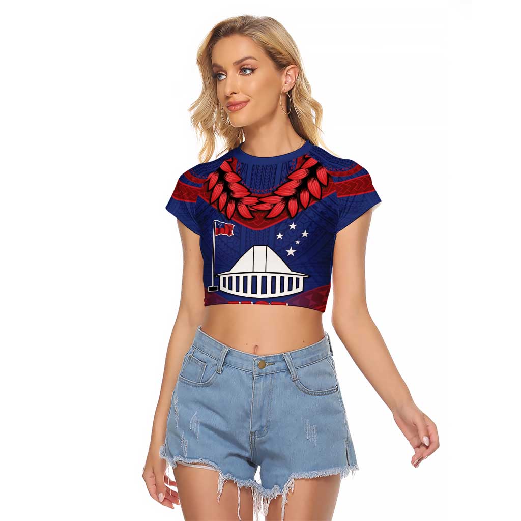 Personalised FAST Party Samoa Raglan Cropped T Shirt Samoan Coat Of Arms Ulafala Style LT05 Female Blue - Polynesian Pride