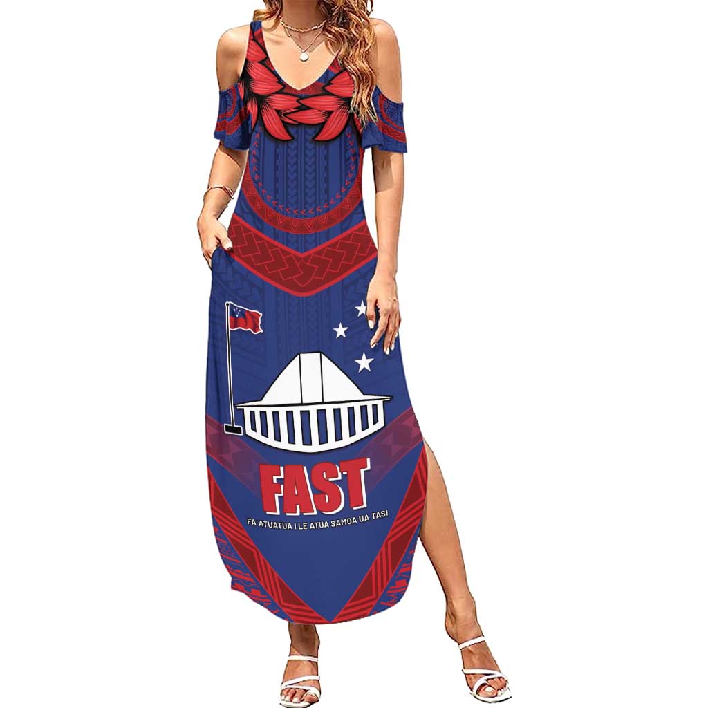 Personalised FAST Party Samoa Summer Maxi Dress Samoan Coat Of Arms Ulafala Style LT05 Women Blue - Polynesian Pride