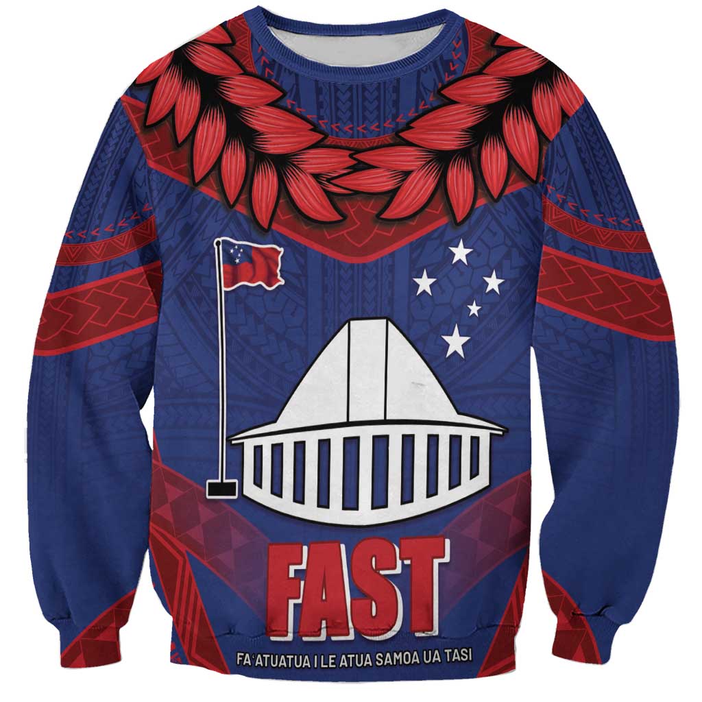 Personalised FAST Party Samoa Sweatshirt Samoan Coat Of Arms Ulafala Style LT05 Unisex Blue - Polynesian Pride