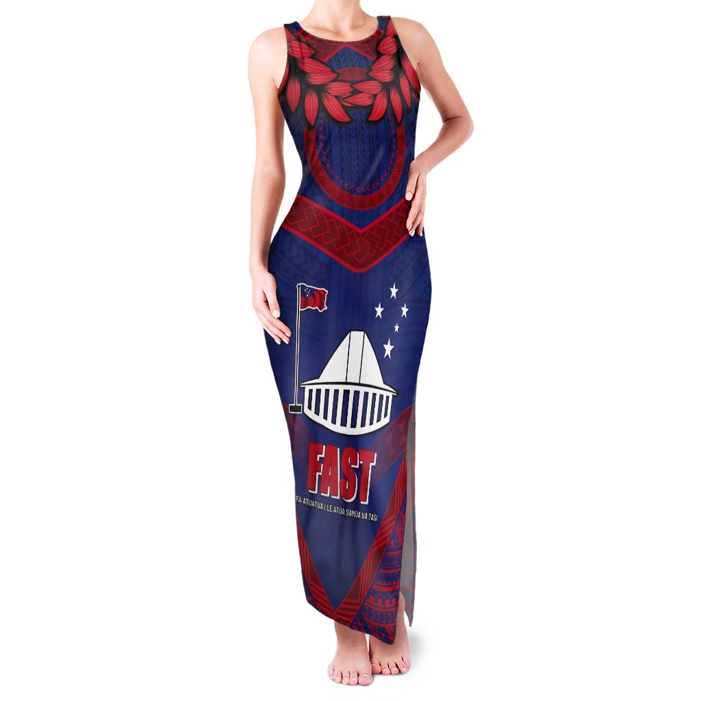 Personalised FAST Party Samoa Tank Maxi Dress Samoan Coat Of Arms Ulafala Style LT05 Women Blue - Polynesian Pride