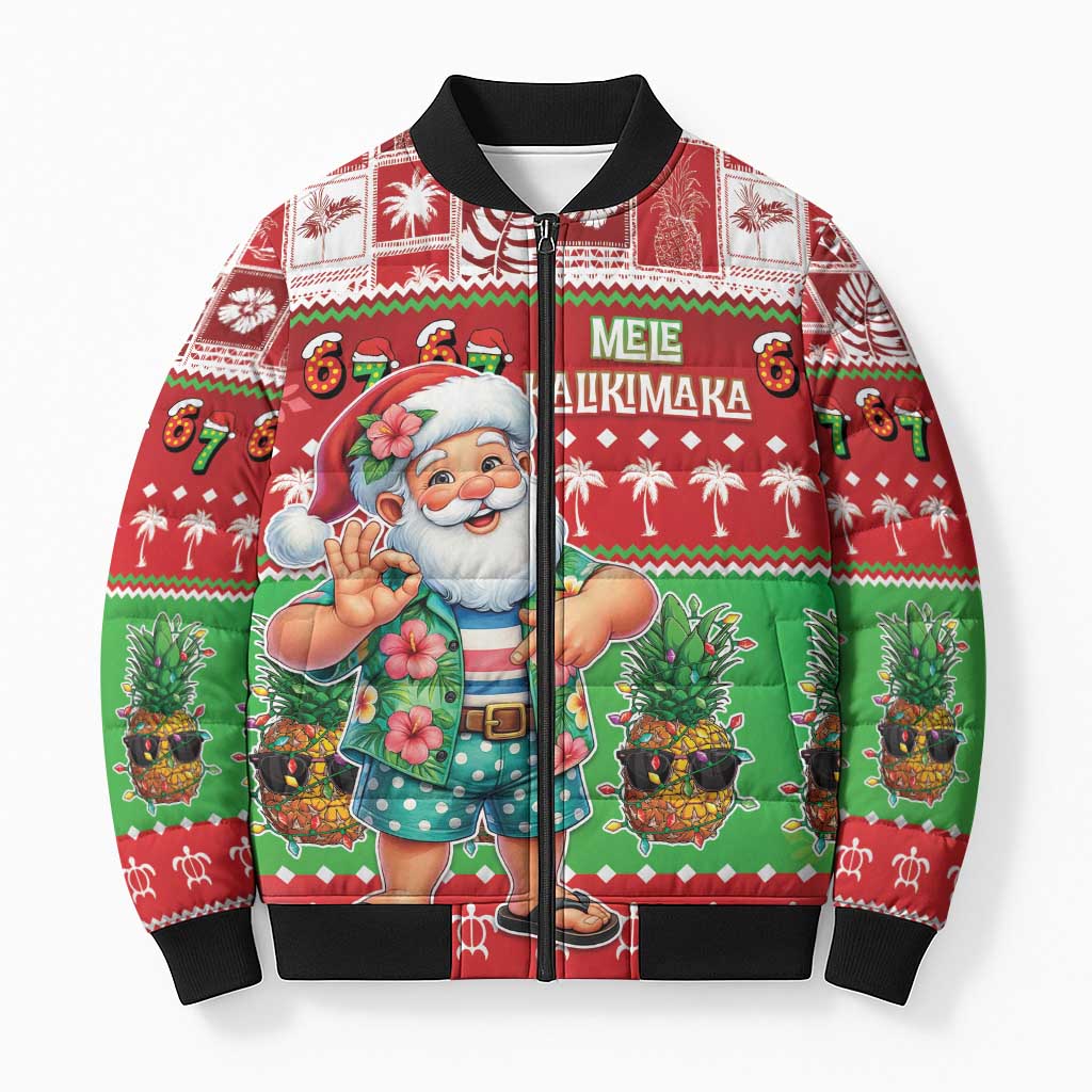 Mele Kalikimaka Hawaii Christmas Bomber Puffer Jacket Funny Santa 67 Gen Alpha Slang LT05 Unisex Red - Polynesian Pride