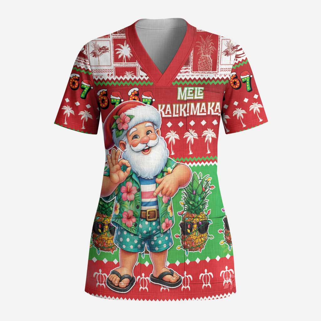 Mele Kalikimaka Hawaii Christmas Scrub Top Funny Santa 67 Gen Alpha Slang LT05 Adult Red - Polynesian Pride