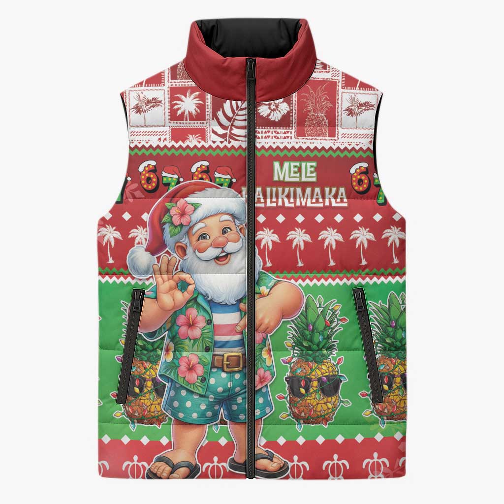 Mele Kalikimaka Hawaii Christmas Sleeveless Puffer Jacket Funny Santa 67 Gen Alpha Slang LT05 Unisex Red - Polynesian Pride