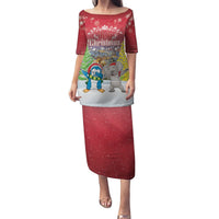 Personalised Christmas In July Puletasi Funny Dabbing Dance Koala And Blue Penguins LT05 Long Dress Red - Polynesian Pride
