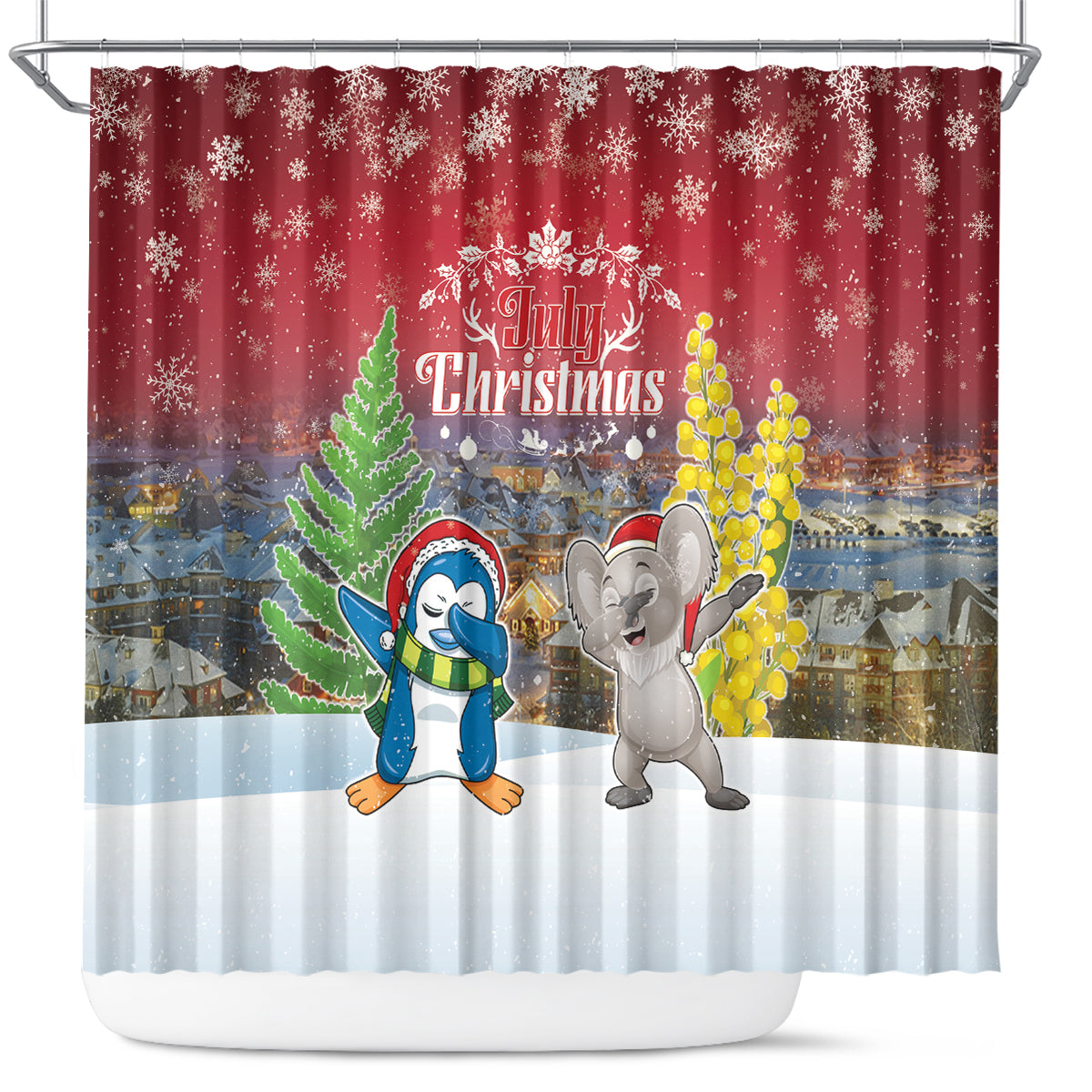 Christmas In July Shower Curtain Funny Dabbing Dance Koala And Blue Penguins