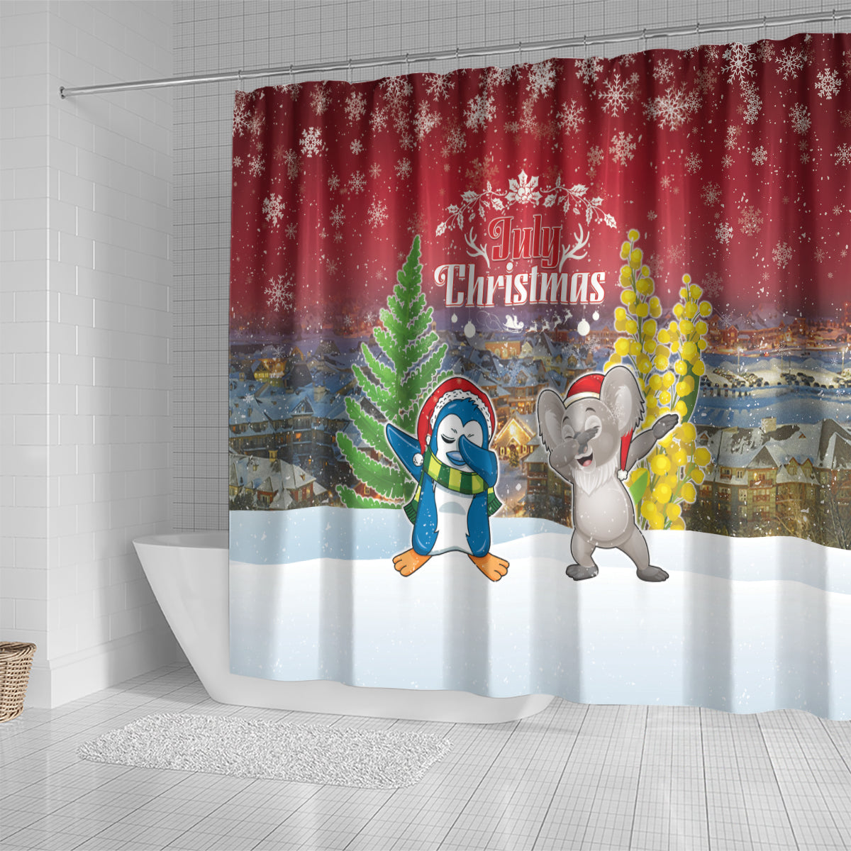 Christmas In July Shower Curtain Funny Dabbing Dance Koala And Blue Penguins LT05 - Polynesian Pride