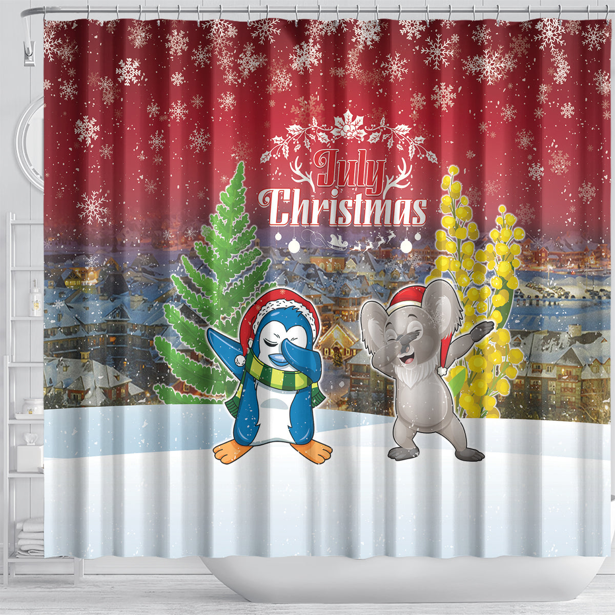 Christmas In July Shower Curtain Funny Dabbing Dance Koala And Blue Penguins LT05 - Polynesian Pride