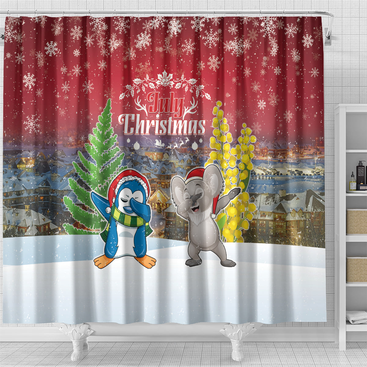 Christmas In July Shower Curtain Funny Dabbing Dance Koala And Blue Penguins LT05 - Polynesian Pride