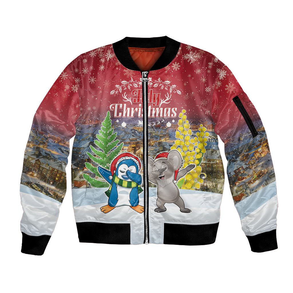 Personalised Christmas In July Sleeve Zip Bomber Jacket Funny Dabbing Dance Koala And Blue Penguins LT05 Unisex Red - Polynesian Pride
